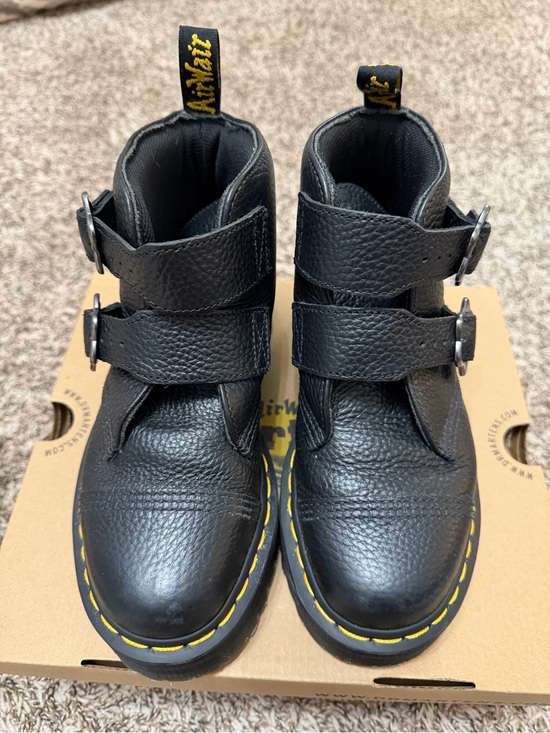 Dr. Martens Shoes - Dr. Martens Women’s Black Leather Double-Strap Ankle Boots with Yellow Stitching